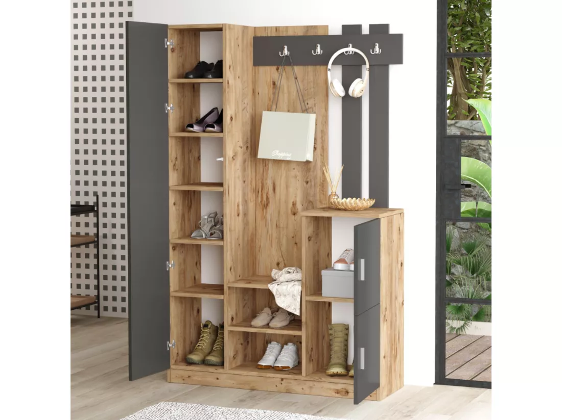 Meuble d'entrée design bois et gris miroir ANKA