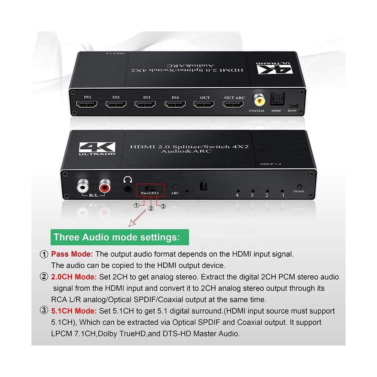 NÖRDIC HDMI Switch 4 til 2 med lydkontaktor og bue, 4kx2k i 60Hz, HDCP 2.2, 5.1 Surround, metall