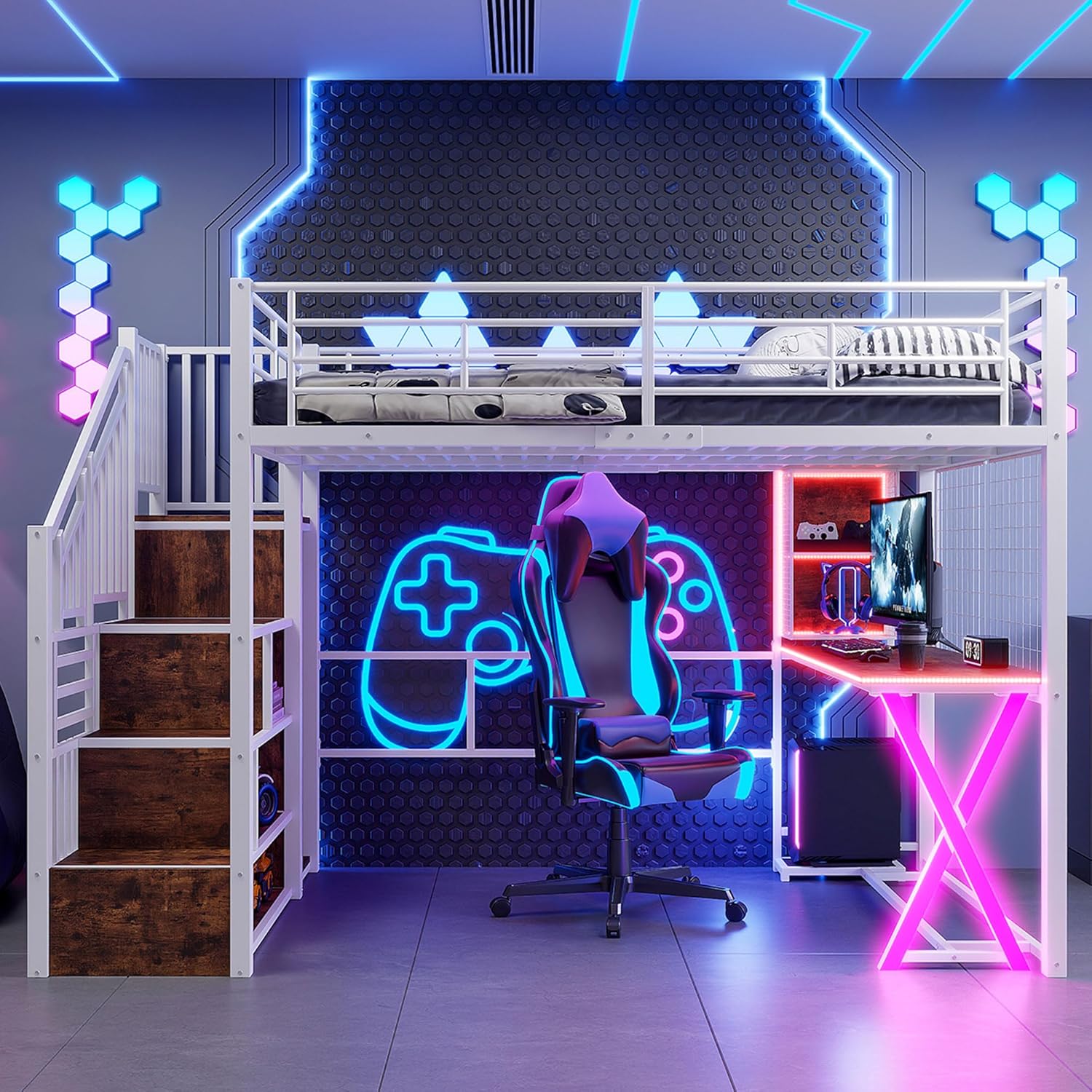 LED Hochbett 140x200 cm mit Schreibtisch, Bücherregal, Treppe und Kleiderschrank, Etagenbett mit Lattenrost, Funktionsbett Metallbett Spielbett Kinderhochbett Jugendhochbett, ohne Matratze, Weiß