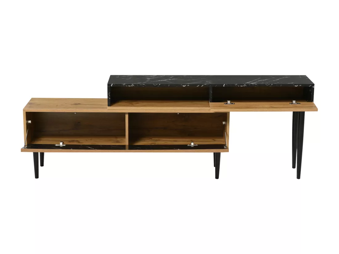 Meuble TV moderne avec design de marbre et de veines de bois -bord en PVC, pieds en fer, couleur bois foncé - 129x30x58cm