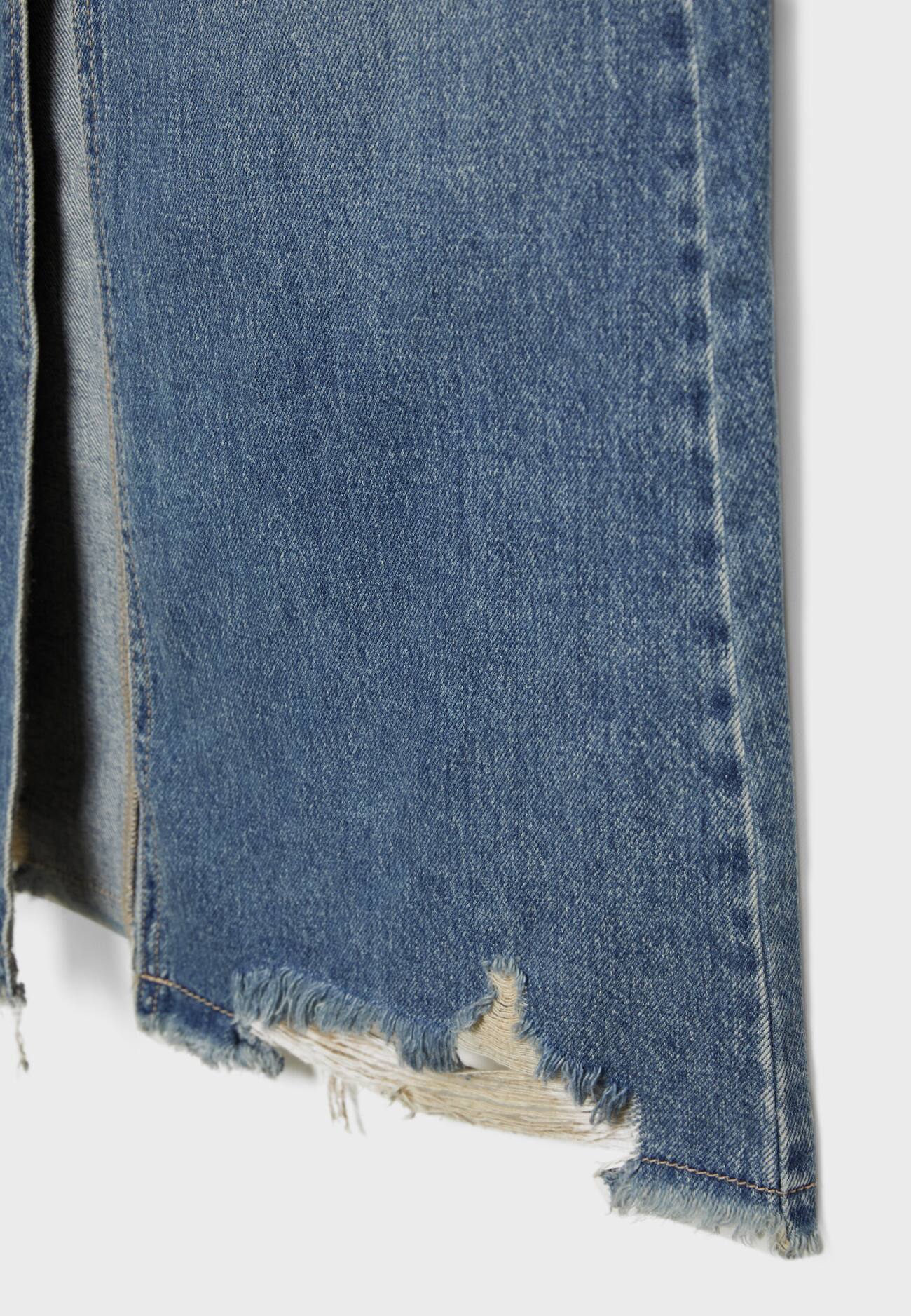 Saia jeans longa com costura frontal