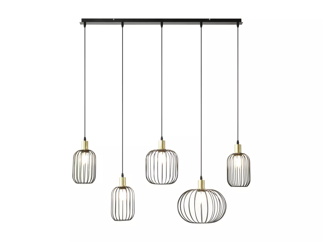Lustre industriel en métal - 5 abat-jours - L. 110 x H.125 x P. 30 cm - Noir - FATICK