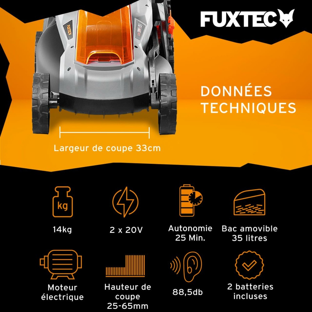 Tondeuse gazon batterie 40v (2x20v) - fx-e1rm20 - largeur 33cm 2 batteries li-ion 2ah, double chargeur 2,4a, bac 35l