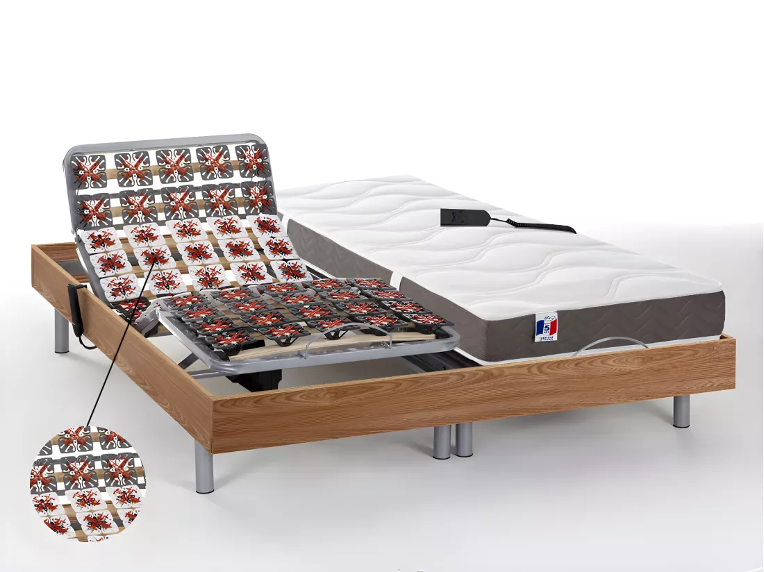 Lit électrique de relaxation tout plots + matelas 100% latex 3 zones - 2 x 70 x 190 cm - Naturel clair - JUPITER de YSMÉE