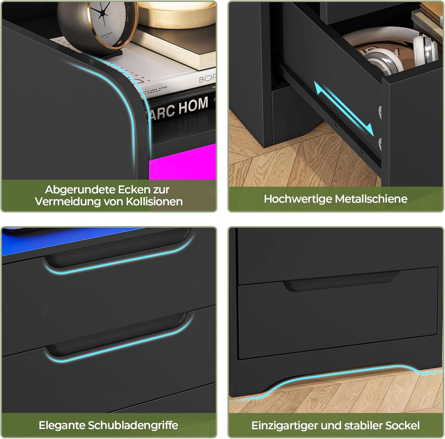 Nachttisch 2er Set Nachttische mit Ladefunktion und LED-Licht Nachtschrank 2er Set mit 2 Schubladen Nachttisch Schwarz Beistelltisch Schwarz Couchtisch Sofatisch für Schlafzimmer, Wohnzimmer