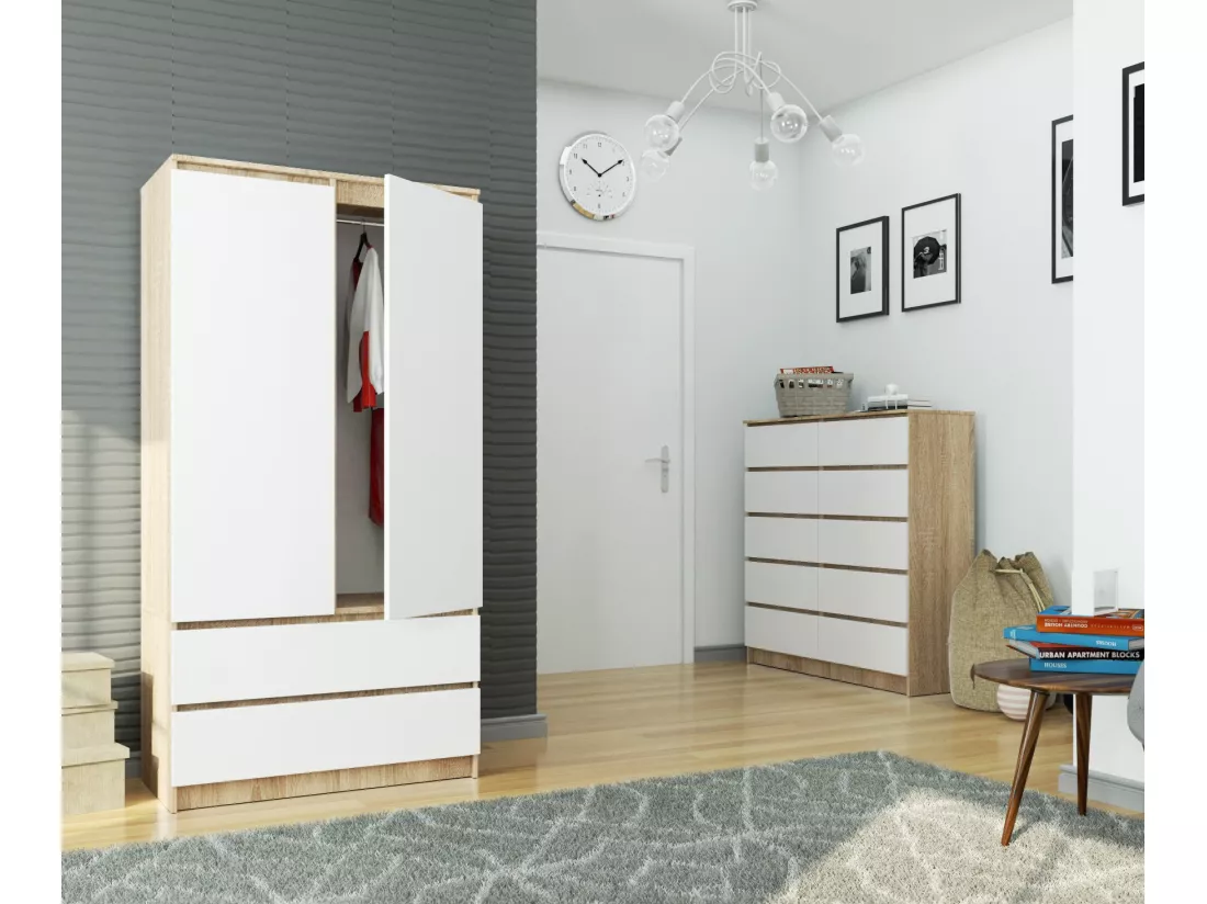Armoire AKORD S90 Chêne Sonoma 90 cm 2 portes 2 tiroirs façade Blanche 4 étagères 90x51x180 cm