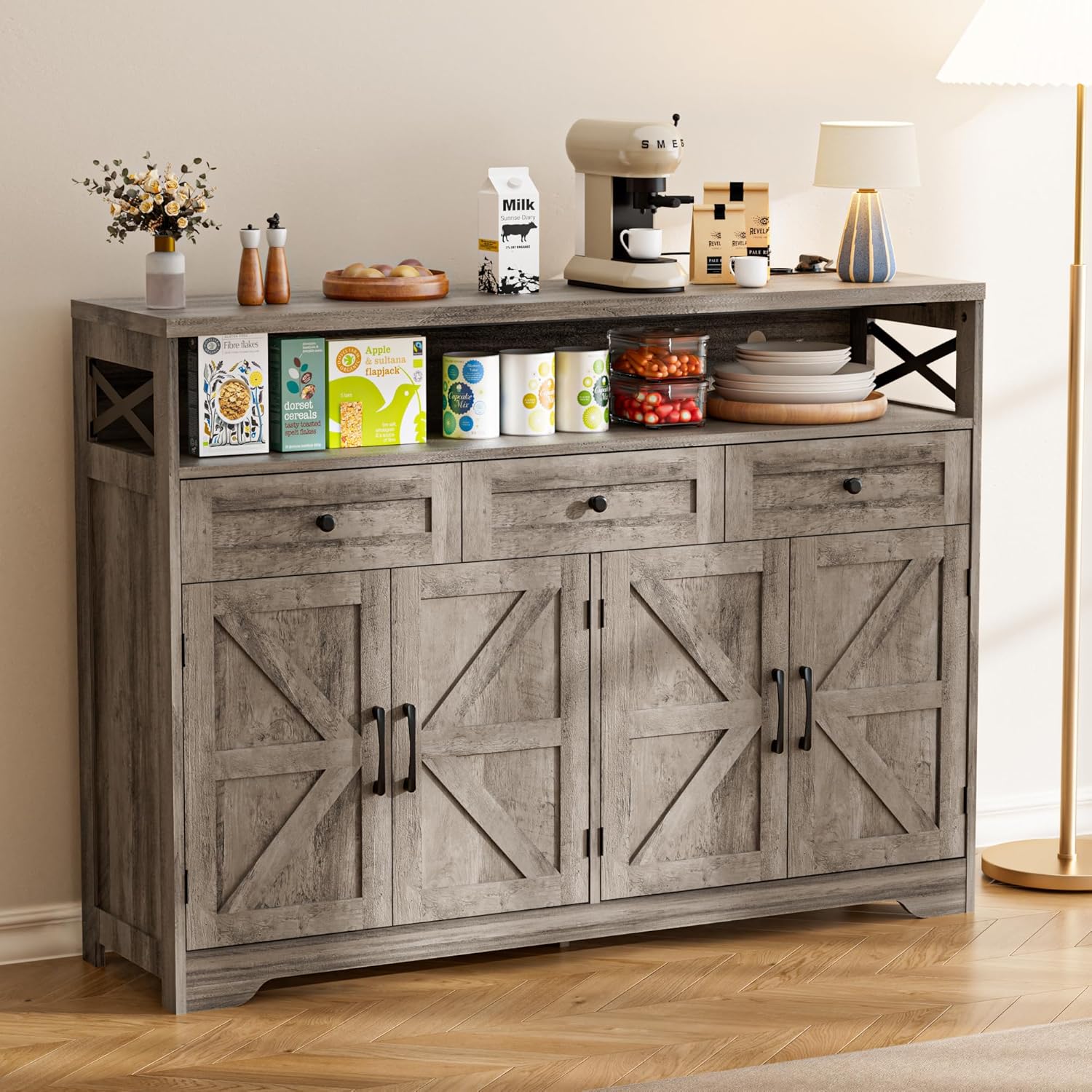 Sideboard, Küchenschrank mit Schubladen, Aufbewahrungsschrank, Anrichte mit Offenem Regal, Kaffeebar Schrank für Küche, Esszimmer, Wohnzimmer, 130 x 35 x 95cm, Grau in Holzoptik IX4258951