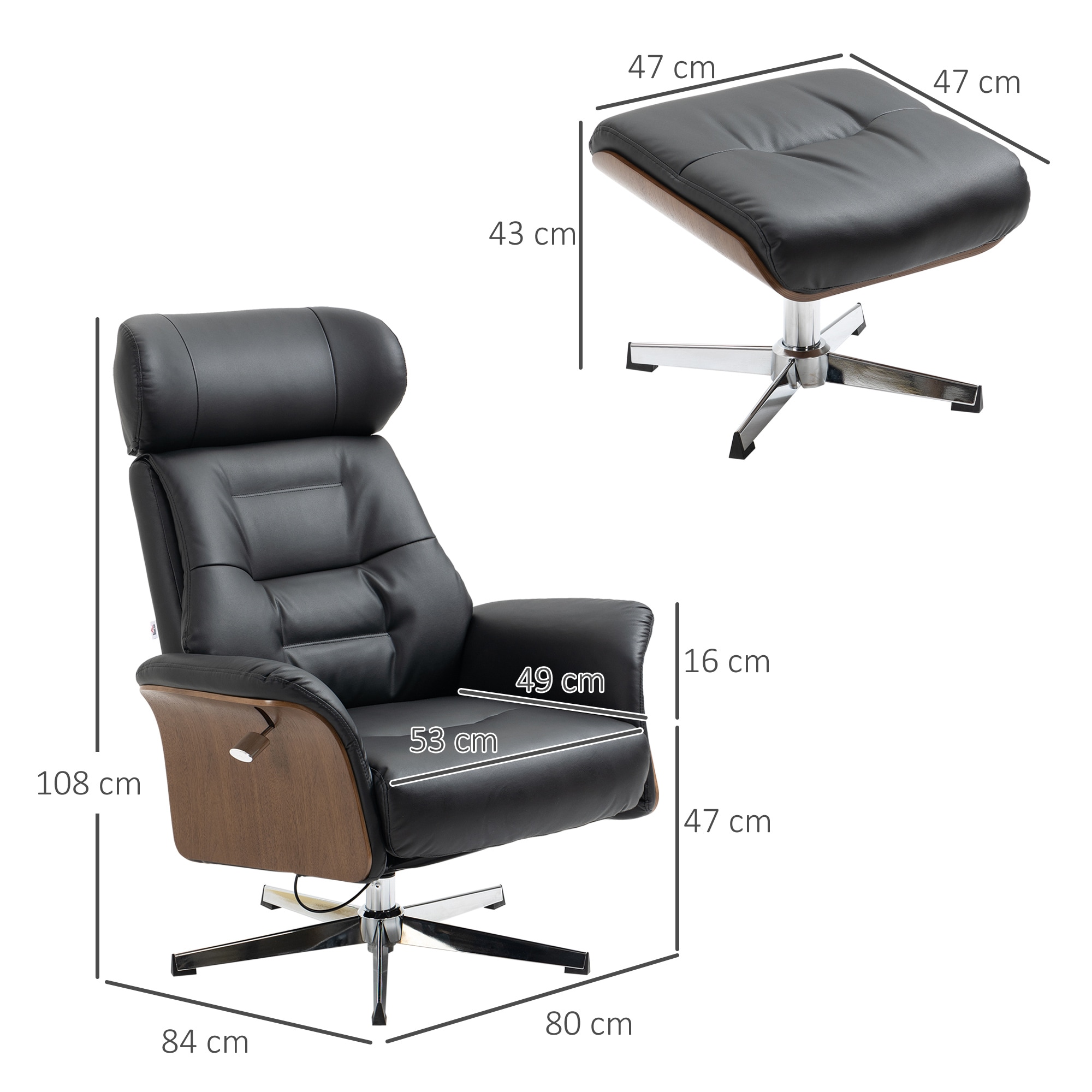 HOMCOM Liegestuhl mit Armlehne und Fußhocker schwarz 80L x 84B x 108H cm