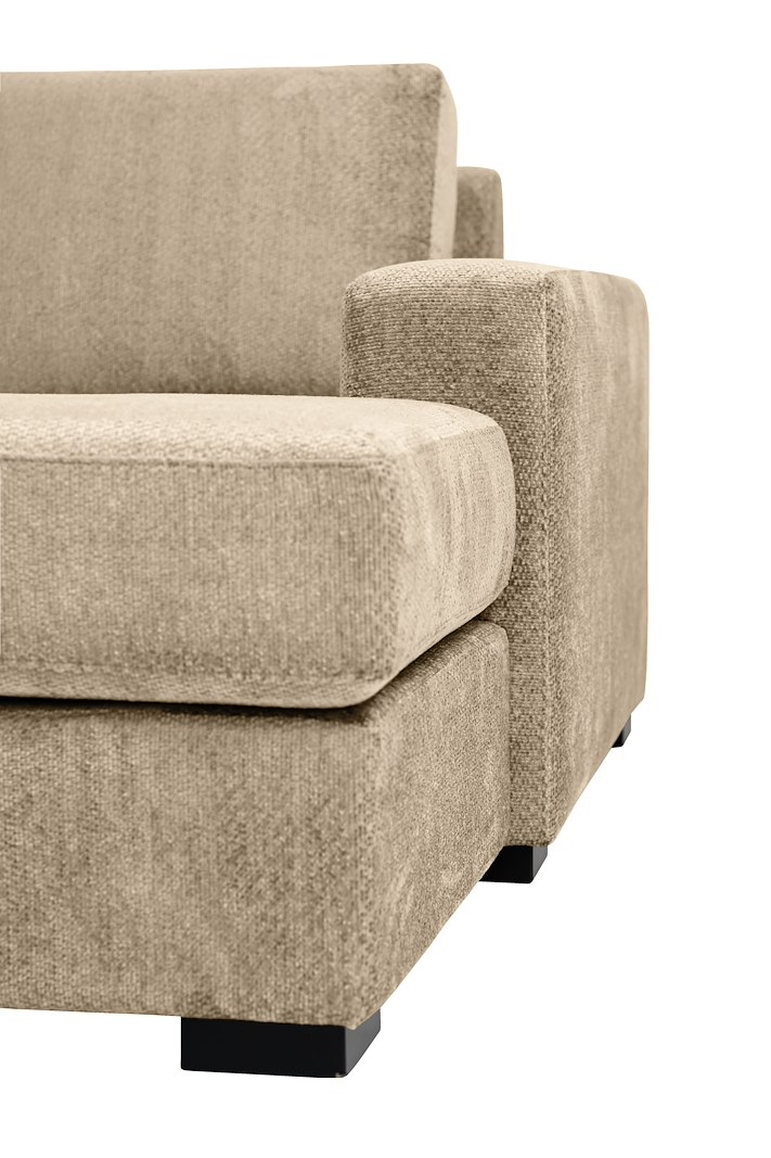 Modern Living U-sofa Cosy Corner venstre og 2-seter med sjeselong høyre.Tekstil Movie Movie 9 Cappuccino med Arm A og ben 2 sortbeiset eik.