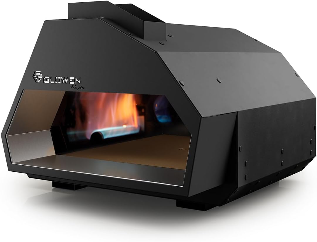 Glowen Raptor Pizzaofen Gas und Holz - Multi-Brennstoff Pizza Ofen Outdoor für Pizzen bis 34 cm – Erreicht in nur 25 Minuten 500 °C – Rolling Flame Technology – 20 mm Schamottstein (Schwarz)