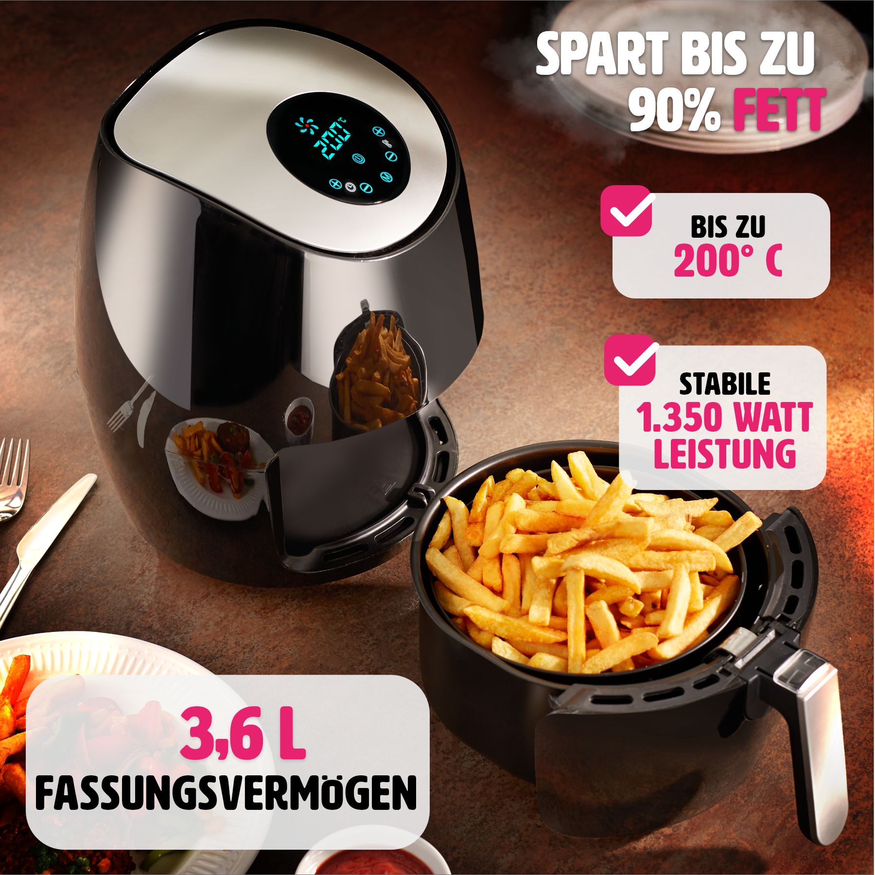 tectake® Heißluftfritteuse, 3,6 l, Timer und Temperatursteuerung, SGS-Zertifikat, inklusive Rezeptheft