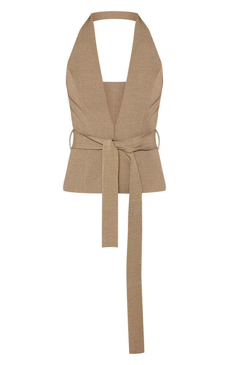 Vert Sauge Ensemble Coordonné Gilet Ajusté Décolleté Plongeant Avec Détail Ceinture