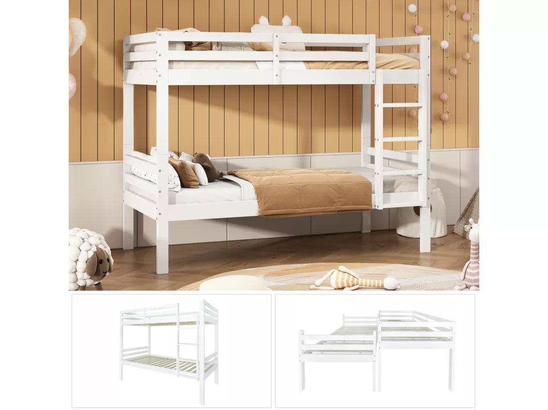 Lits superposés séparables 2 x 90 x 200 cm avec échelle - bois de pin - coloris blanc
