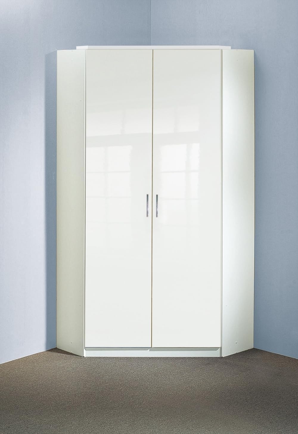 möbelando Eckkleiderschrank >Clack< in Hochglanz Lack Weiss - 95x198x95cm (BxHxT)