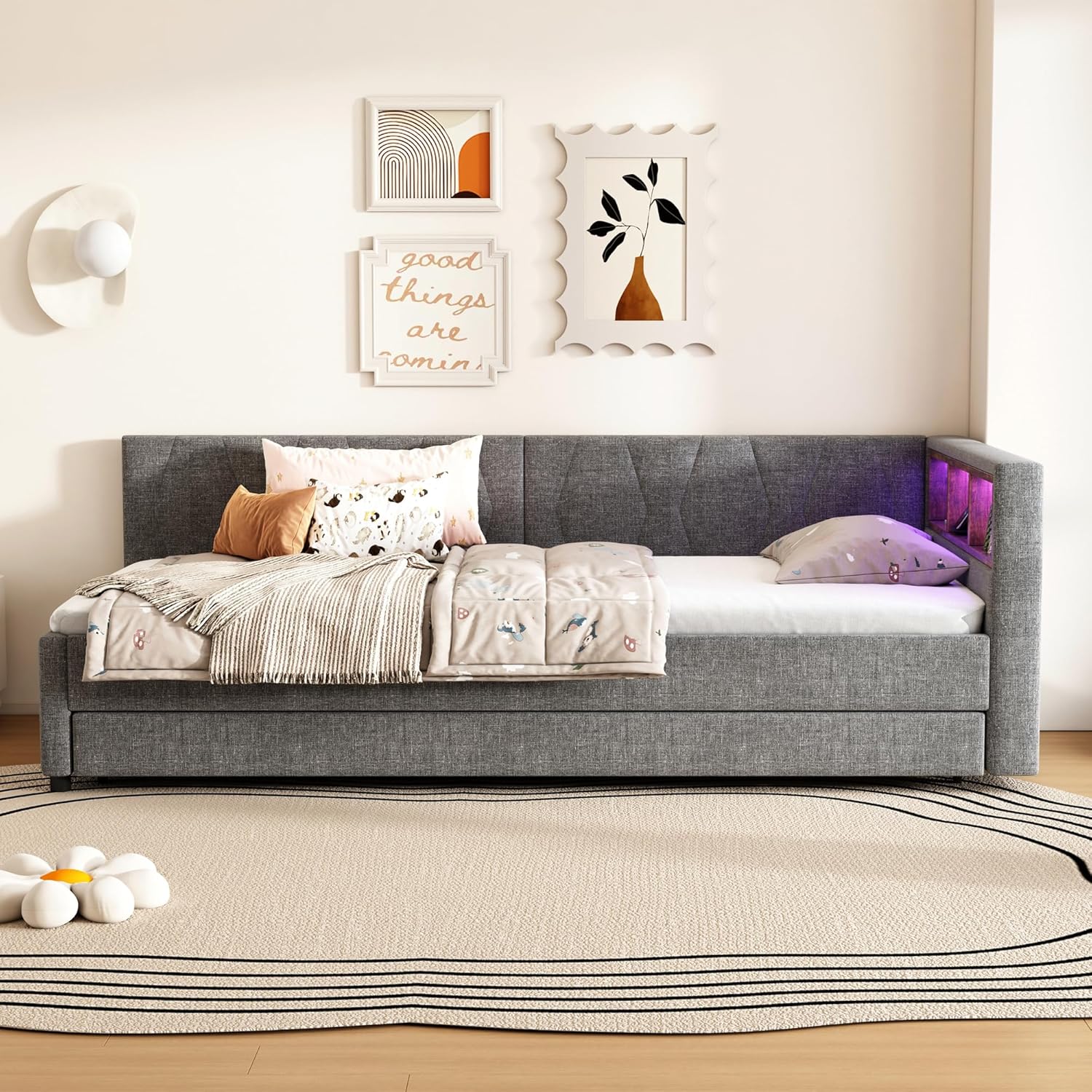 Polsterbett Schlafsofa 90x200, Einzelbett mit Ausziehbett, Daybett mit LED Staufach, Tagesbett mit USB Typ C Ladefunktion, Jugendbett Kinderbett Gästebett, Leinen, ohne Matratze, Grau