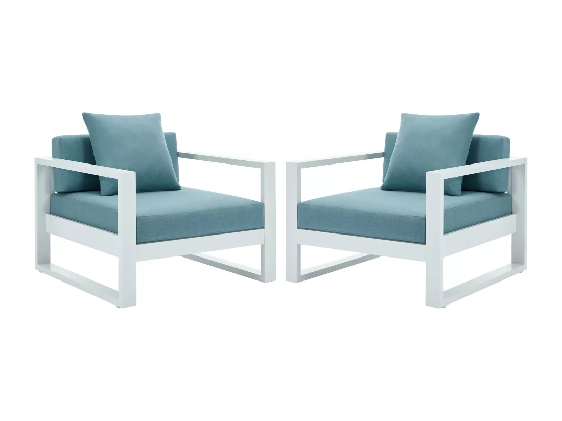 Lot de 2 fauteuils de jardin en aluminium - Blanc avec coussins bleus - MOLOKAI de MYLIA
