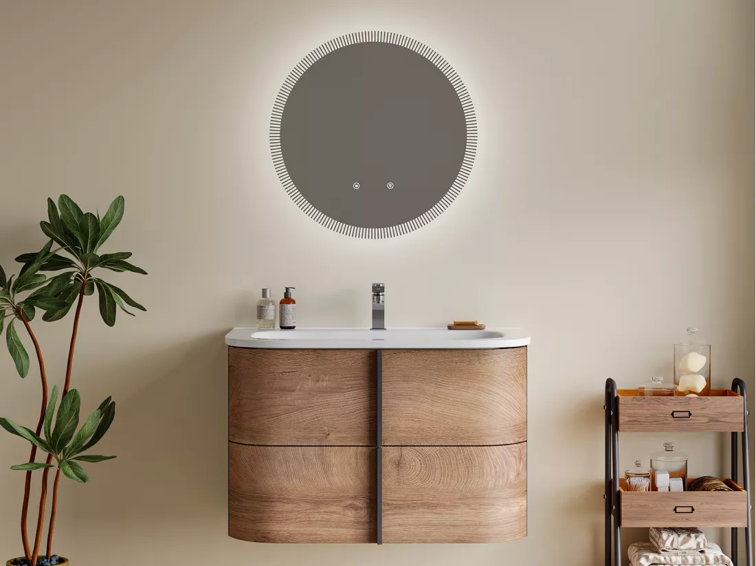 Miroir de salle de bain lumineux soleil avec anti buée et bouton tactile - D60 cm - VERECIO