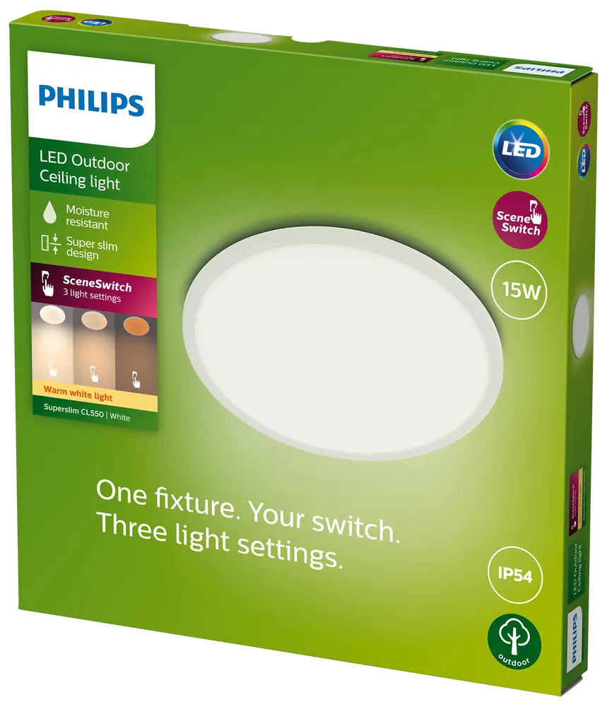 PHILIPS Loftlampe SceneSw. slim Ø25cm 15W IP54 hvid