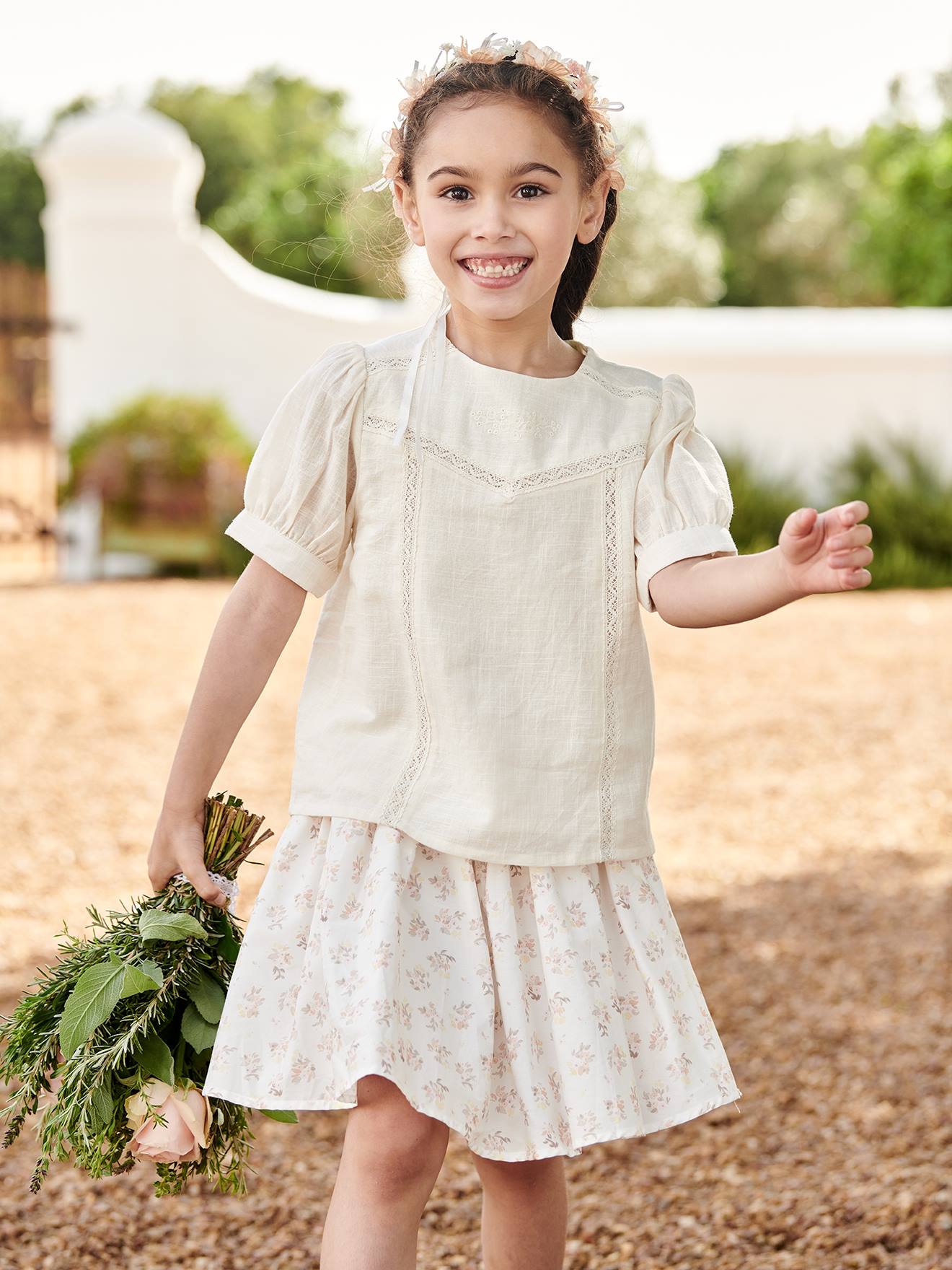 Blusa de renda com efeito linho cru para meninas