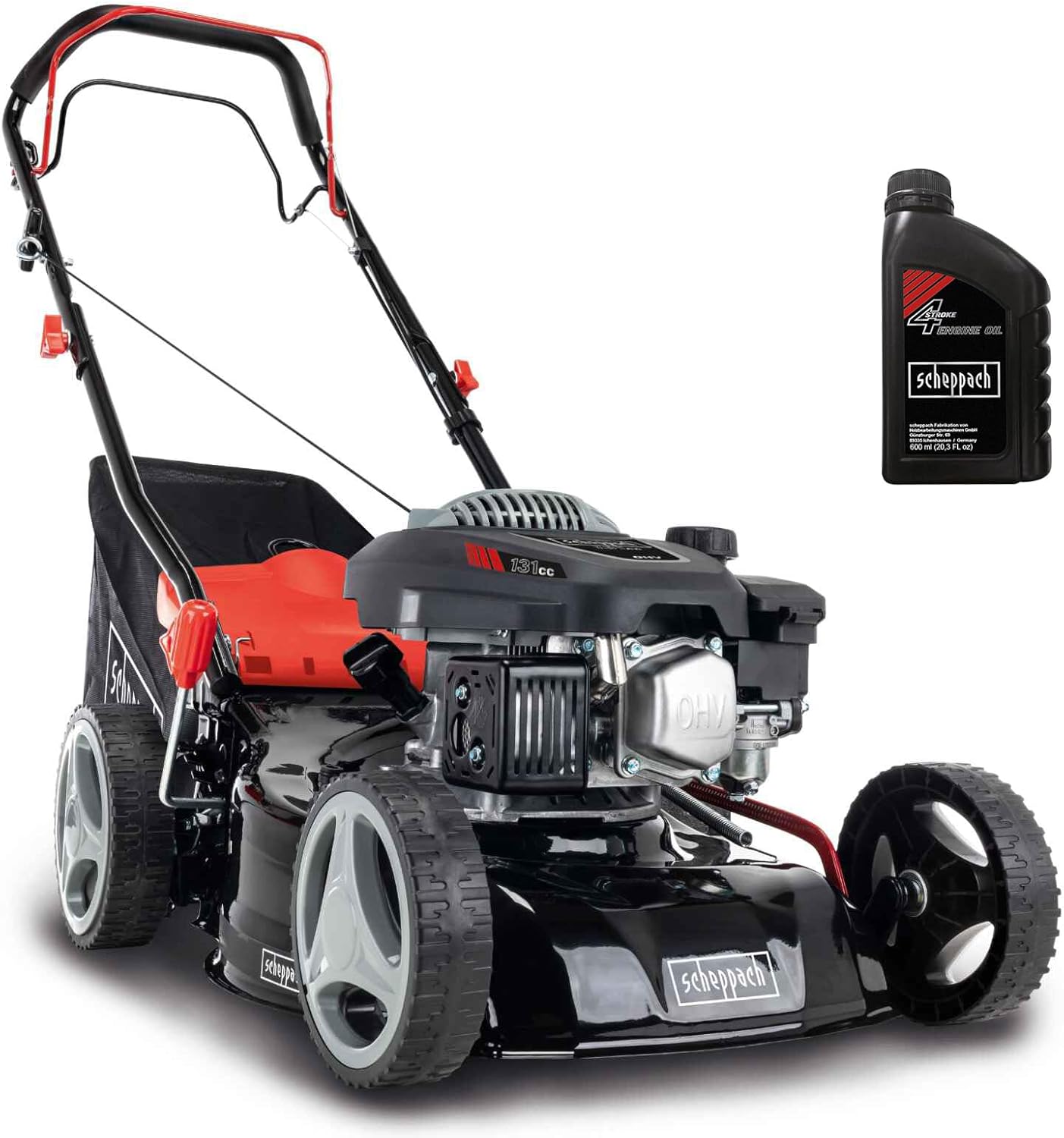 Scheppach Tondeuse à Gazon Thermique MS132-42 |3,4 CV | Largeur de Coupe 42cm | Robuste | Fonction Mulching | Panier de 45L | Réglage de la Hauteur en 7 étapes (25-75mm)