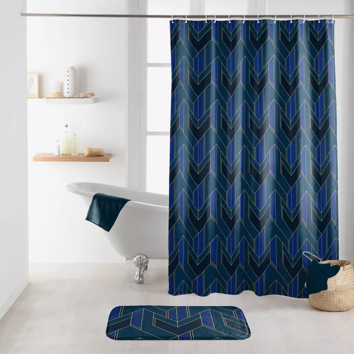 Rideau de douche à anneaux (180 x 200 cm) Achille Bleu