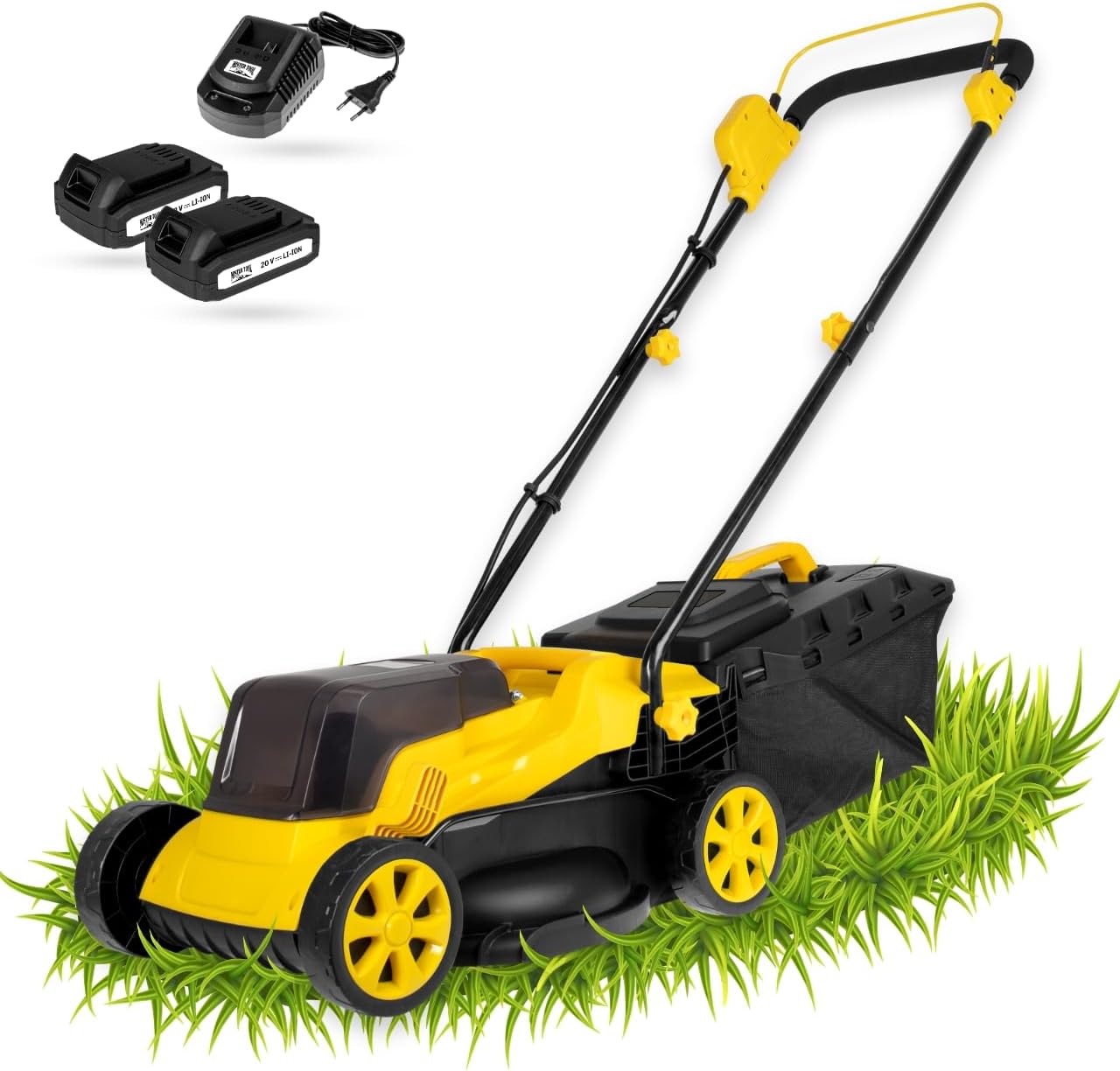 Akku-Rasenmäher 20V mit 2X Akkus & Ladegerät | 320mm Schnittbreite | Höhenverstellbar (25-65mm) | 30L Grasfangkorb | Ergonomischer Handgriff | Schnellladung in 60-90 Min | Leicht & Wendig
