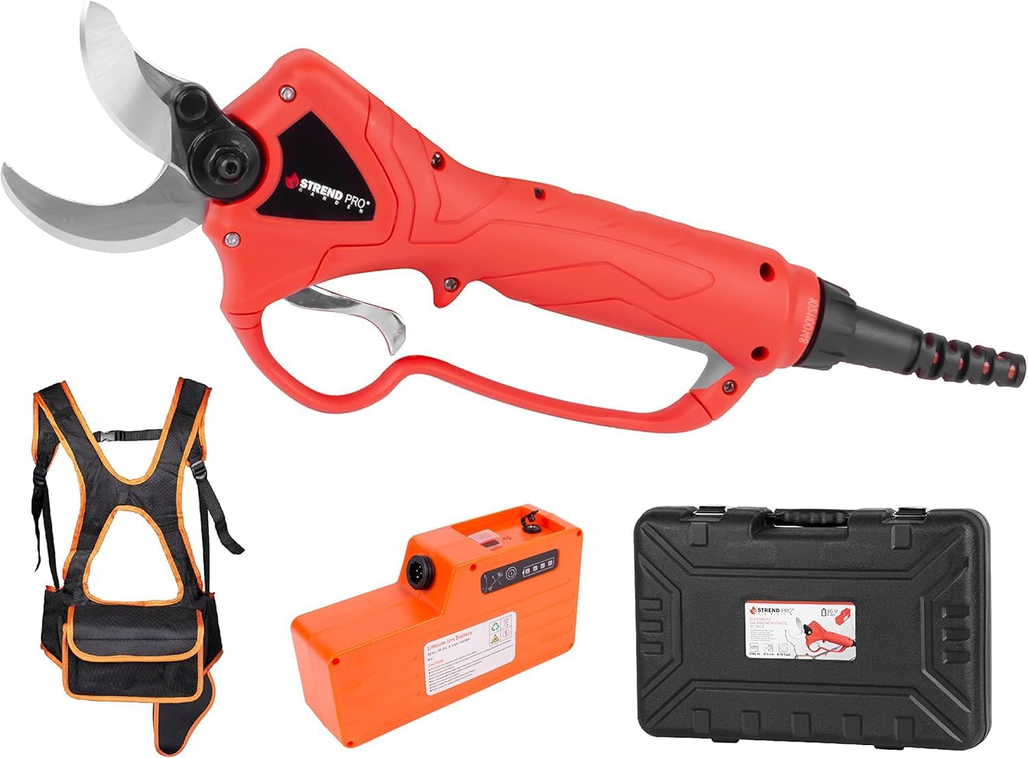 STREND PRO Elektrische gartenschere max 40mm Schnitte | Professional | 10 Stunden Batterie-Leben | Akku Gartenschere mit Koffer | 36V Li-Ion Batterie | Akku Astschere für Weinbergen/Gärten