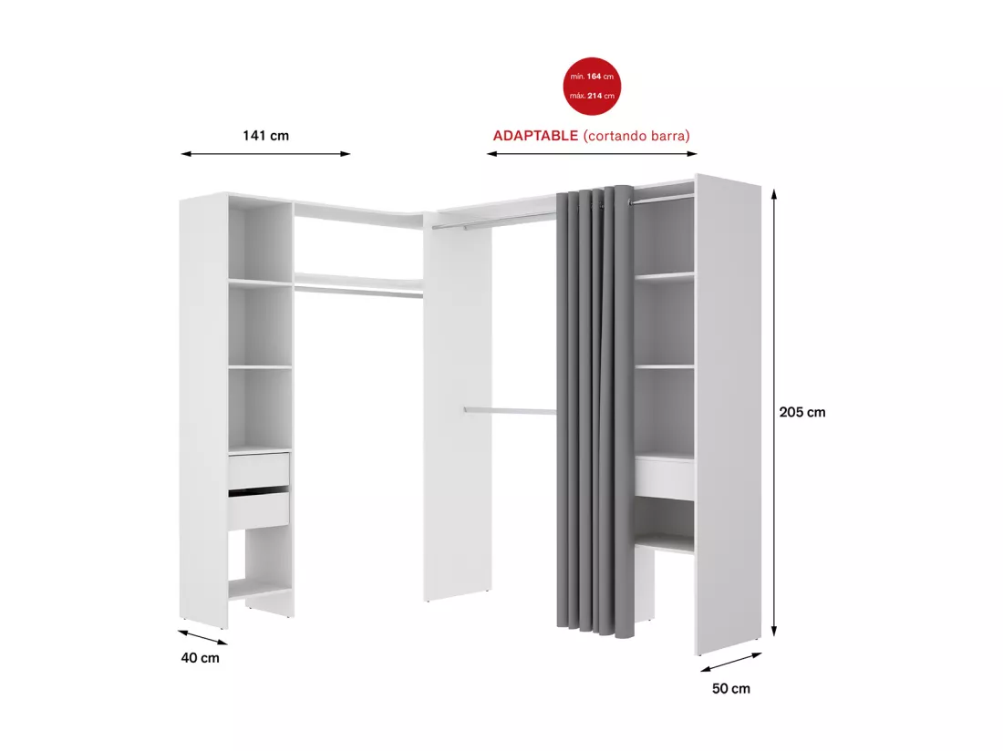 Kit armoire dressing d'angle extensible en bois mélaminé coloris blanc - Longueur 164-214 x Profondeur 141 x Hauteur 205 cm