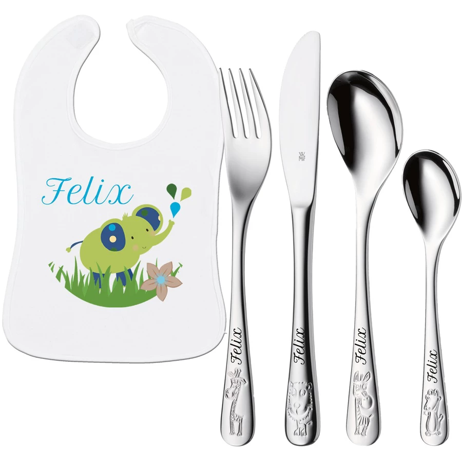Schnullireich Geschenkset mit Namen Safari: WMF Kinderbesteck + Lätzchen Blauer Elefant Silber