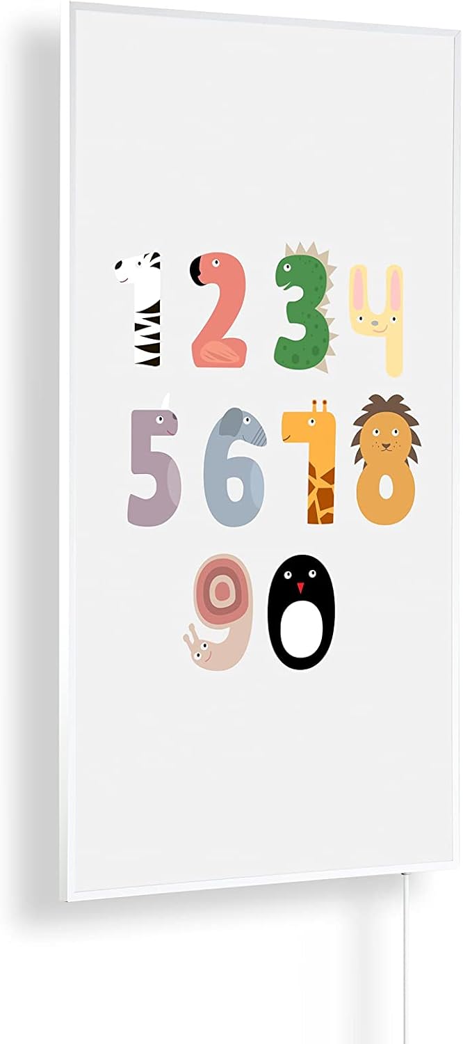 Infrarotheizung – Kinderzimmer Bildmotive – TÜV SÜD - 1000 Watt + Thermostat - Weißer Rahmen (10. Zahlen)