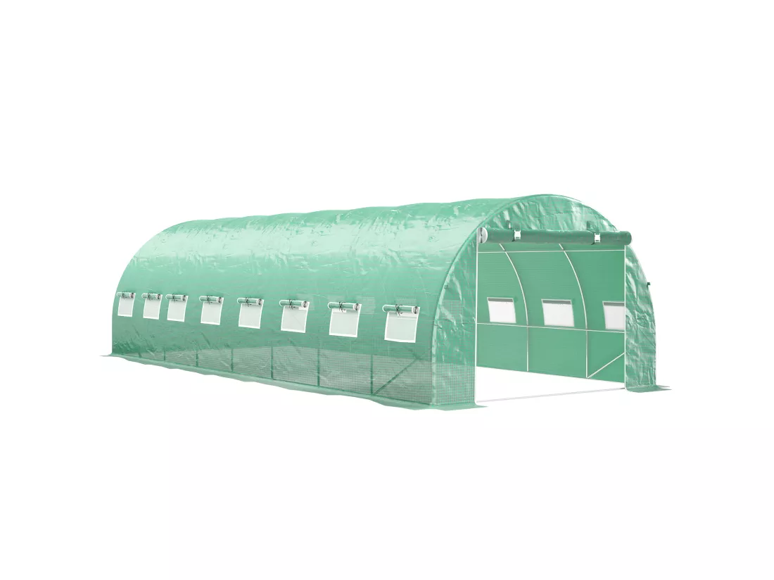 Serre tunnel 24m² dim. 8L x 3l x 2H m - 16 fenêtres, porte zippée - acier galvanisé PE haute densité vert