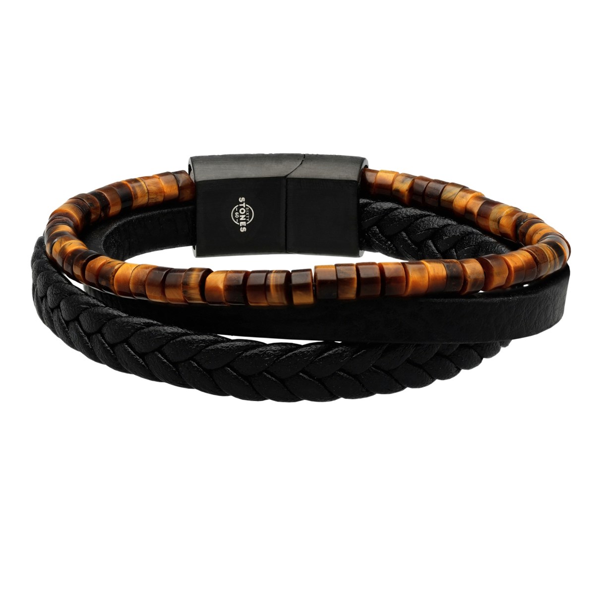 Bracelet Cuir Noir Lisse Et Tressé Avec Perle De Heishi oeil De  Tigre-Large-20cm