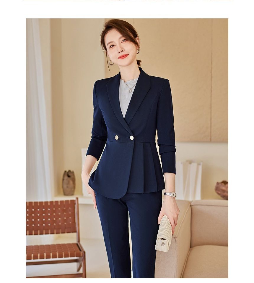 Princess Min - Effen dubbelrijs blazer / Hoge taille effen rechte broek
