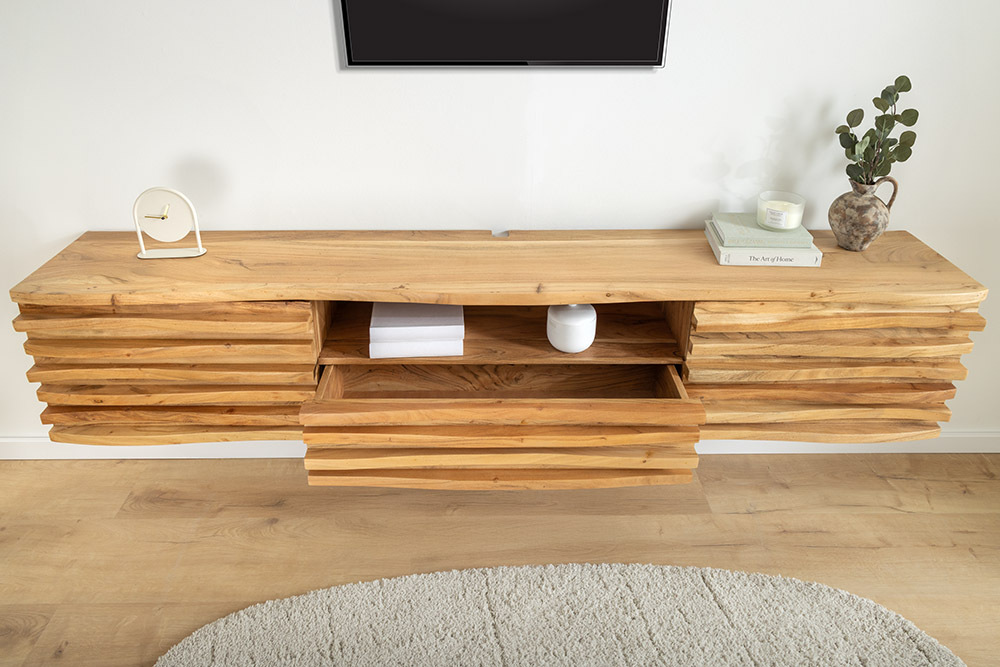 Hängendes TV-Lowboard RELIEF 200cm natur Akazienholz massiv mit aufwändiger Front