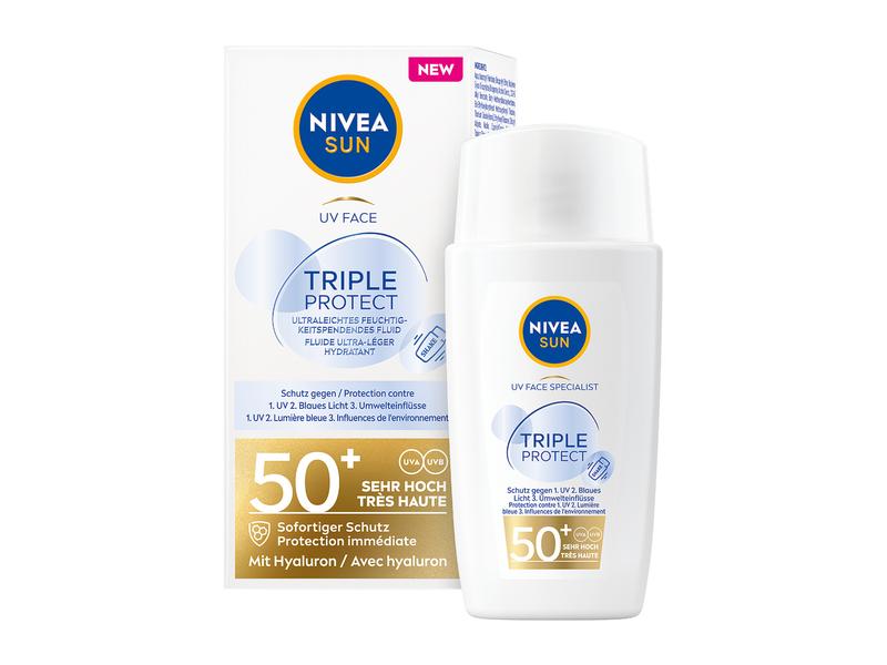 NIVEA SUN Sonnencreme Face Triple Protect LSF50  40 ml Feuchtigkeitsspendendes Fluid mit 3-fach Schutz