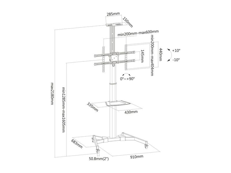 PureMounts TV-Trolley PM-CART-70B Schwarz Mobiler Bodenständer für Flachbildfernseher bis zu 70