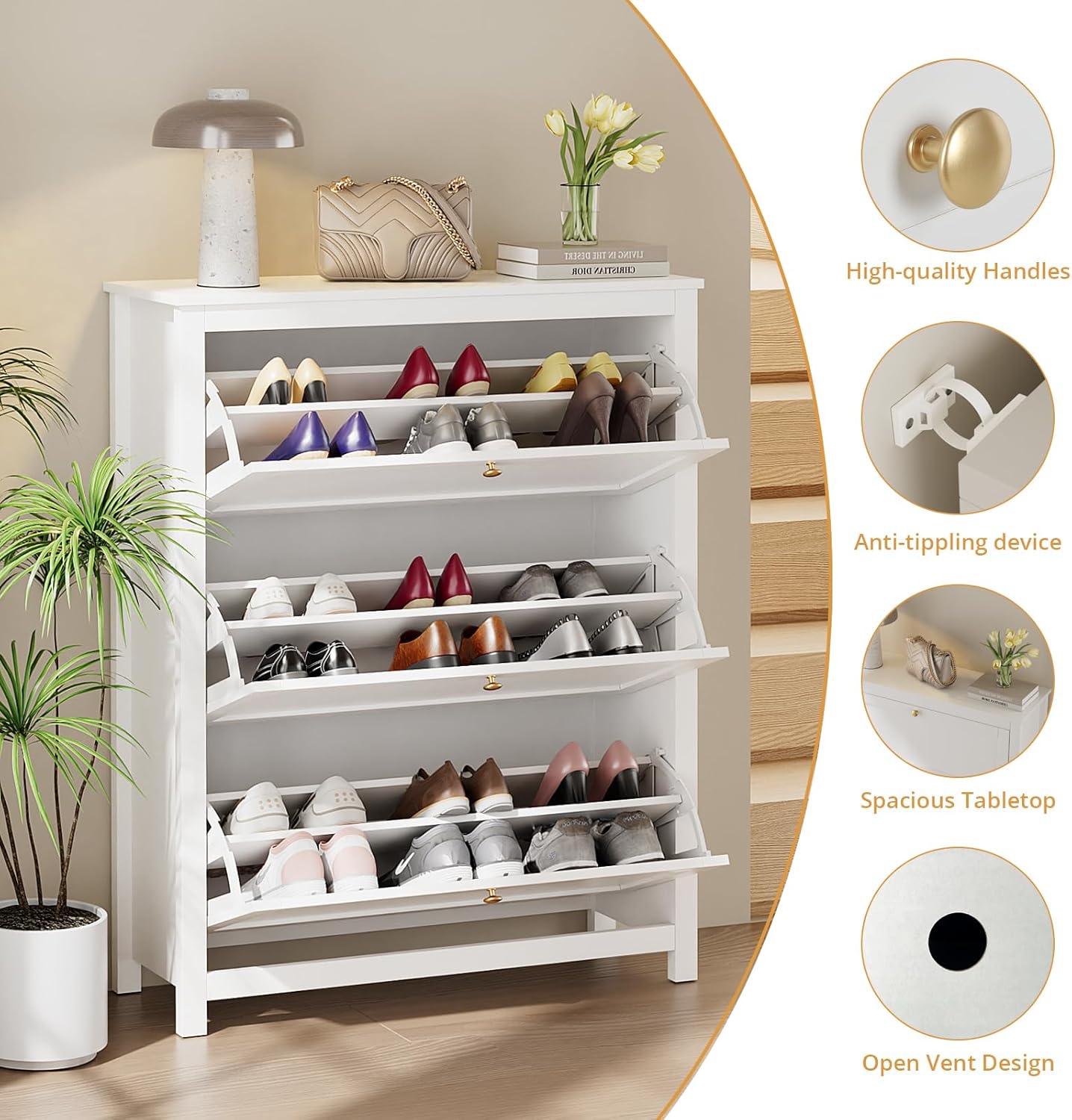 VOWNER Schuhschrank mit 3 Klappen, Schuhregal Schuhkipper Schmal, Schuhschrank Weiss, mit 6 Fächern, Schuhablage Verstellbar, 90 x 30 x 110 cm, für Eingangsbereich, Flur