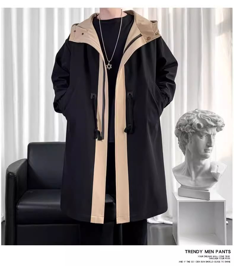 emeisa - Mock Two-Piece Two Tone Hooded Midi Zip Coat