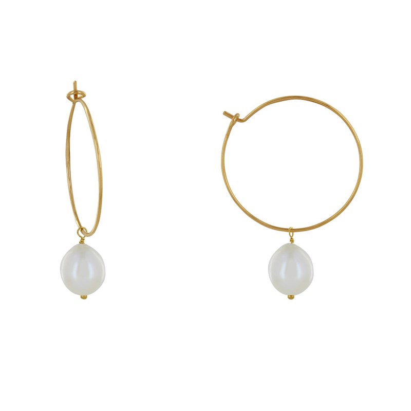 Boucles d'Oreilles Plaqué Or Créoles et Perles de Culture Blanches