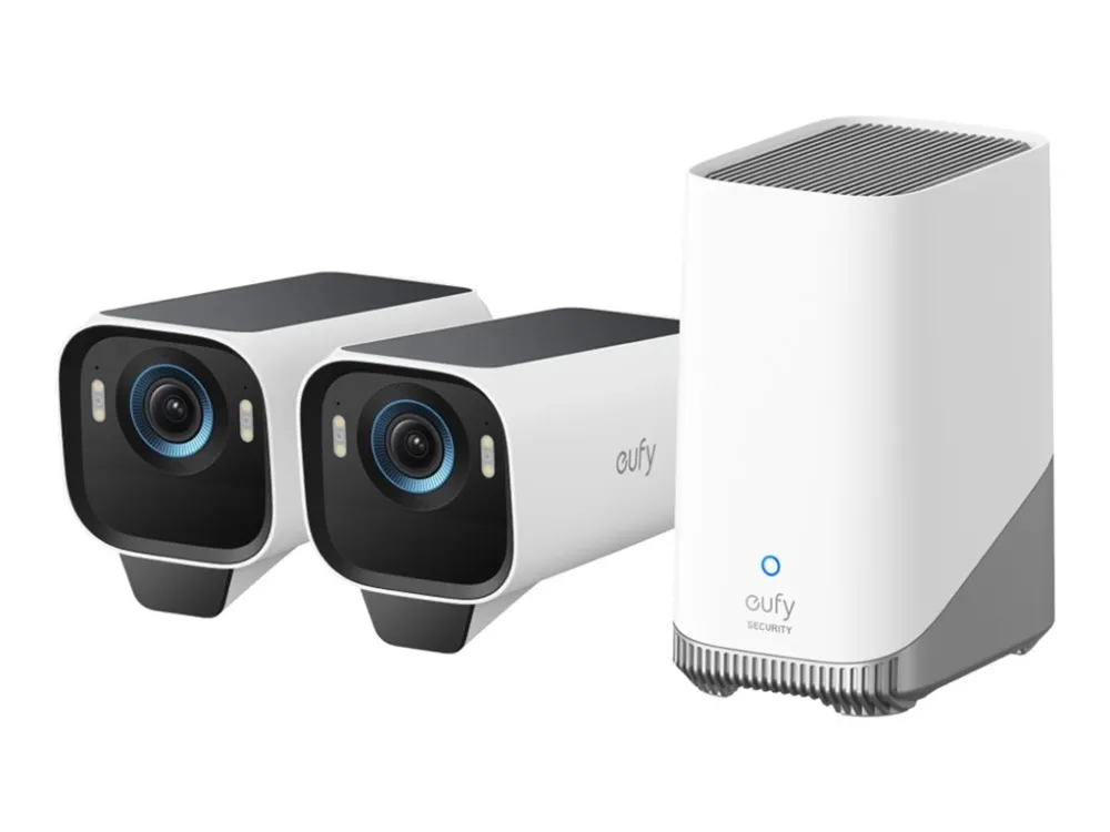 Eufy eufyCam S3 Pro - Netværksovervågningskamera - kugle - udendørs - vejrbestandig - farve (Dag/nat) - 3840 x 2160 - 4K, 1080p - audio - trådløs - WiFi - 2.4GHz radio - H.264, H.265 - med HomeBase S380 (pakke med 2)