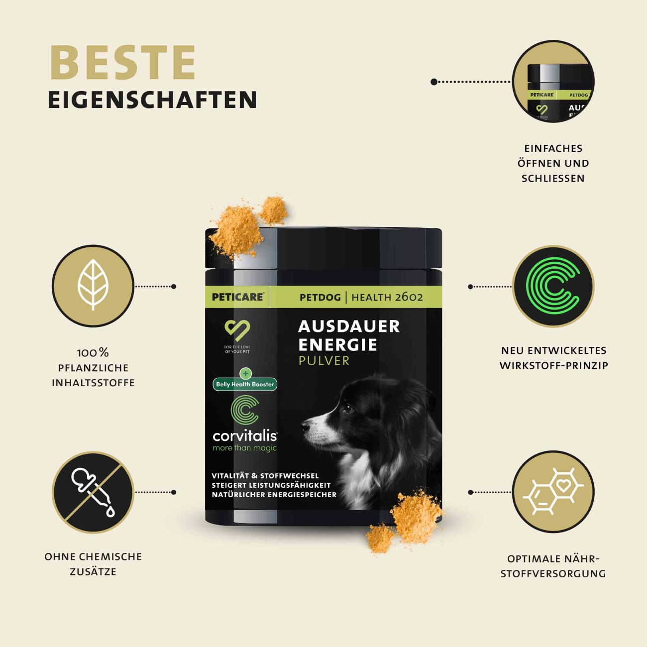 Peticare Ergänzungsfutter Pulver für sportliche Hunde, für Ausdauer & Vitalität
