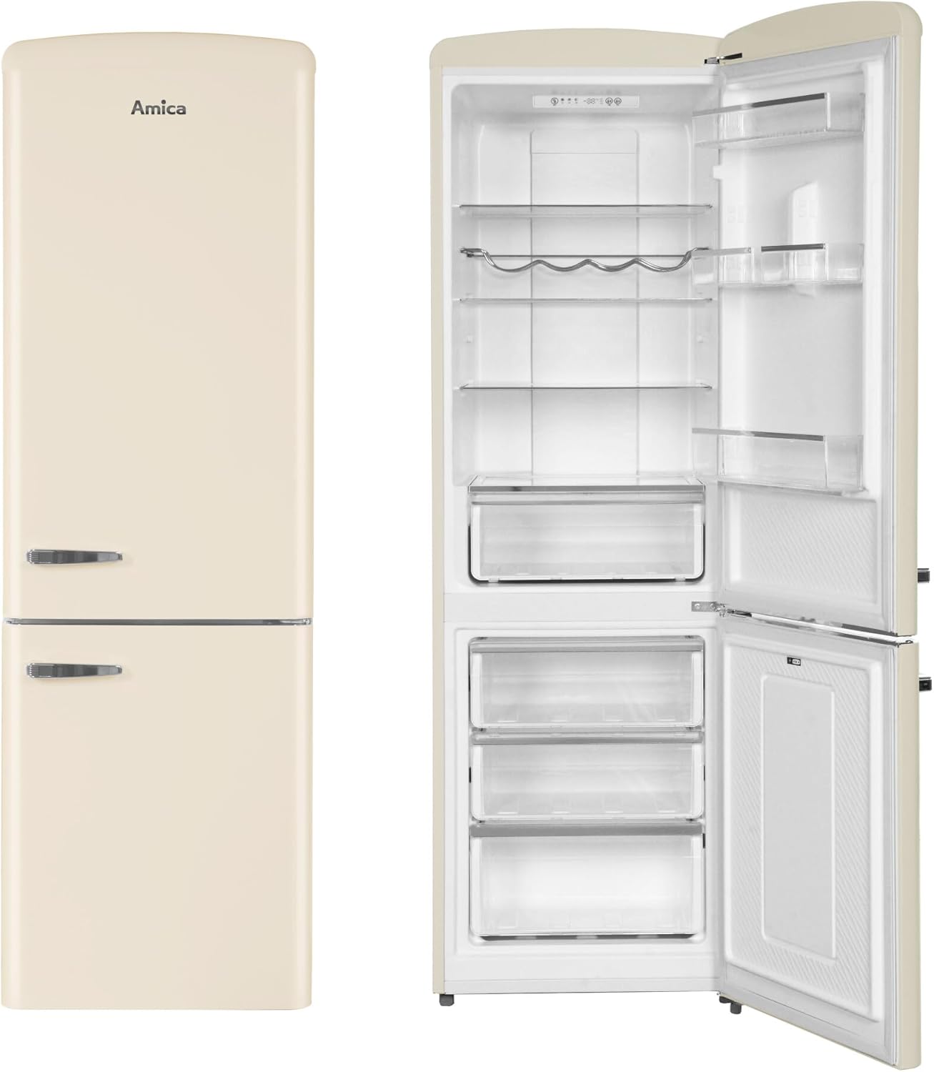 Amica KGCR 387 109 B Retro Kühl-/Gefrierkombination/NoFrost/Beige / 200cm (H) x 60cm (B) x 73cm (T) / Retro-Design/Kühlschrank mit Gefrierfach
