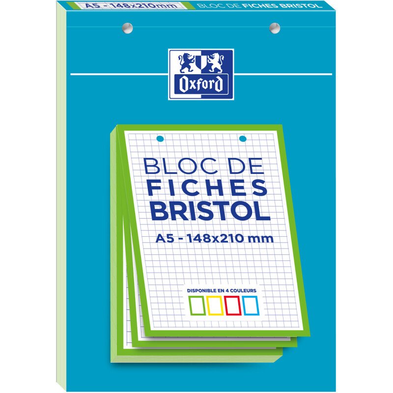 Bloc de fiches bristol Oxford 2.0 A5 petits carreaux 5mm 30 fiches collées bords verts