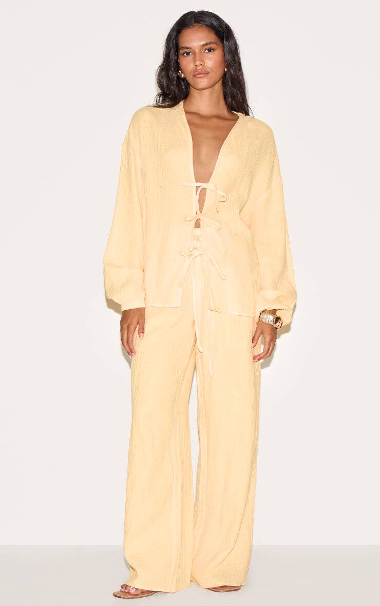 Citron Ensemble Chemise En Gaze Texturée À Nouer Sur Le Devant