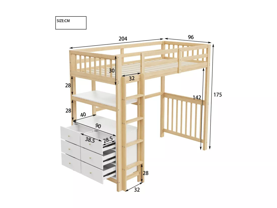 Lit mezzanine 90x200cm en bois massif - avec 6 tiroirs et barrières de sécurité - Naturel