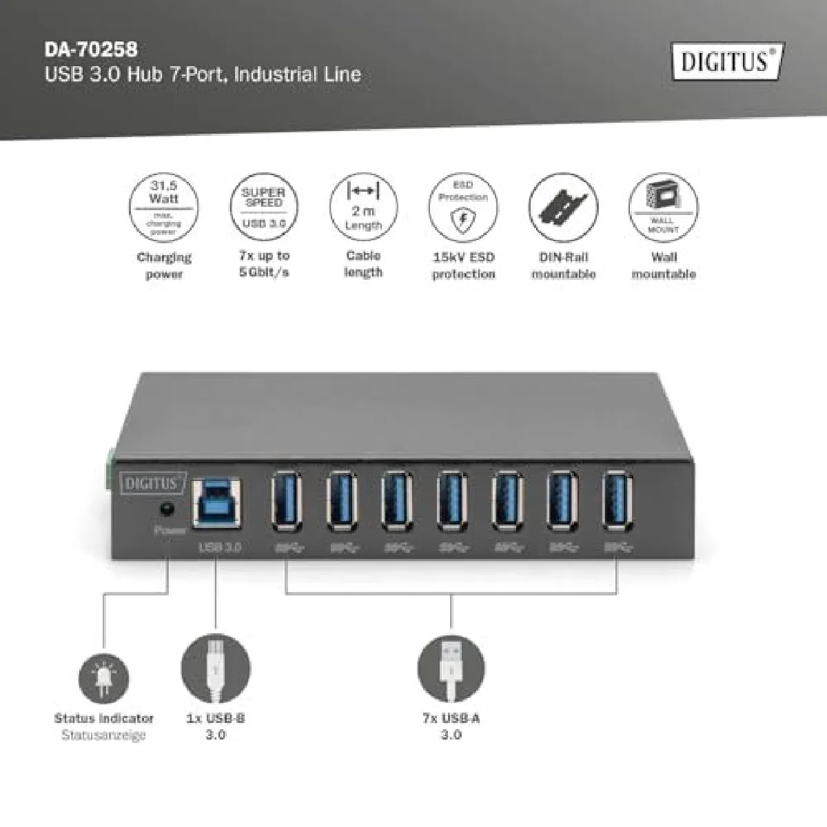 DIGITUS Hub USB Industriel