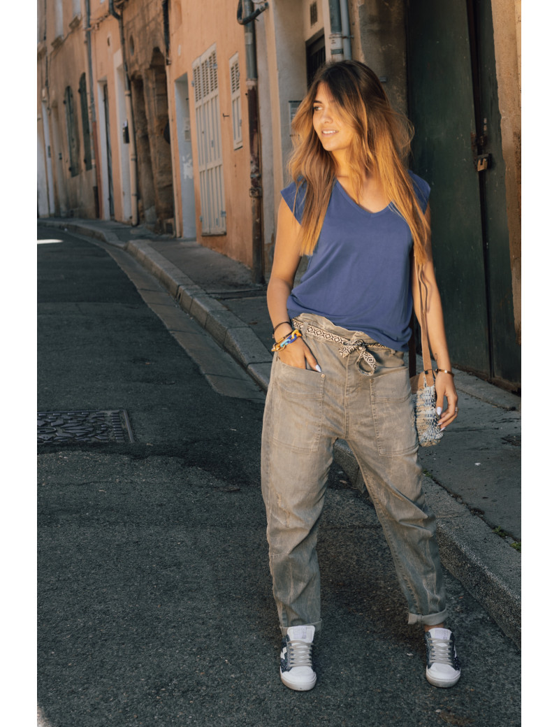 PLEASE PANTALON COUPE CARROT CEINTURE GRIS DENIM