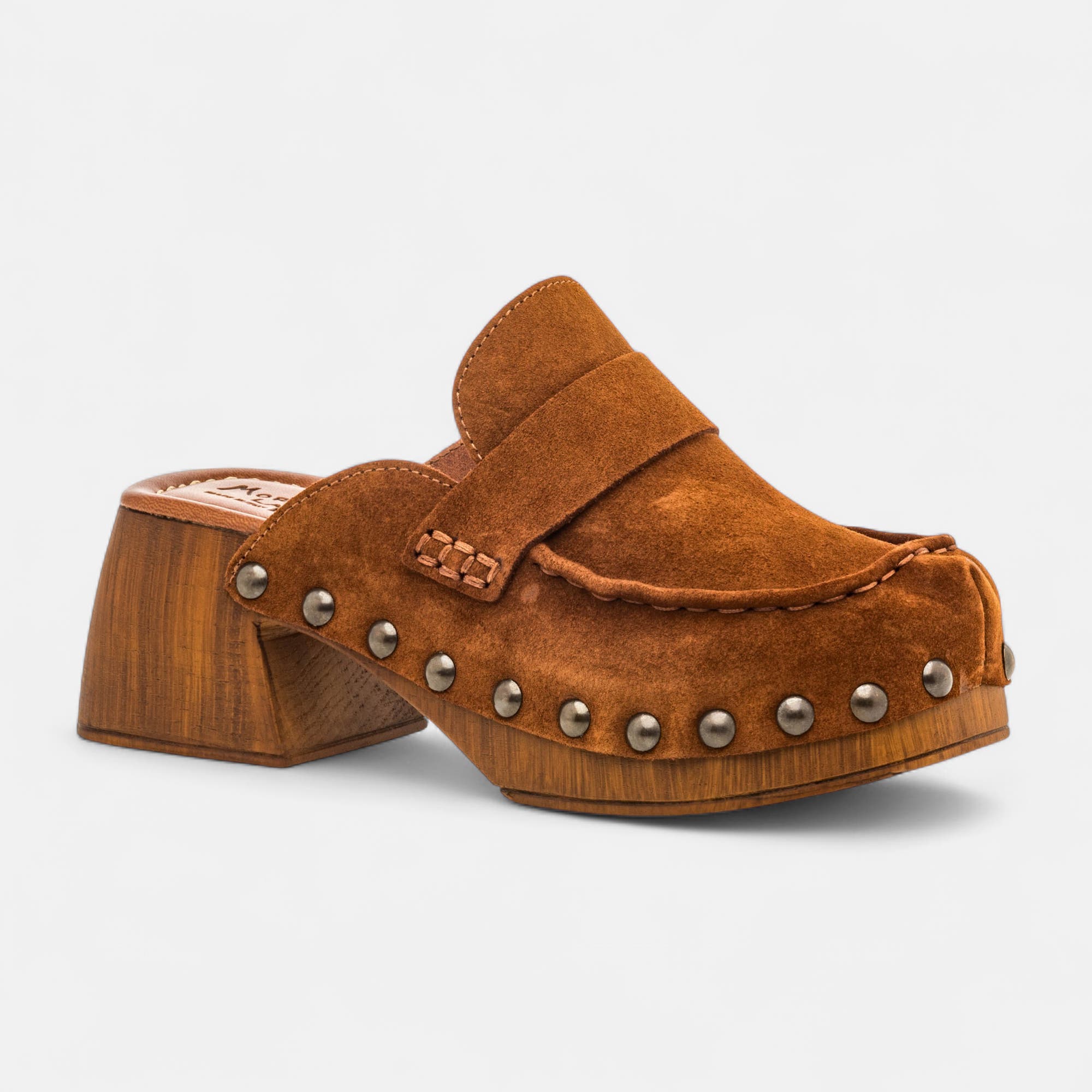 Chaussures semelle bois à talon Femme en cuir cognac