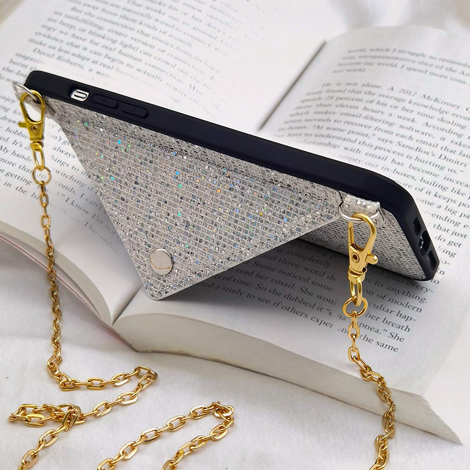 iPhone 13 Pro Necklace Schutz Hülle mit Kartenfach   Handykette (115cm) - Weiss (Glitzer)