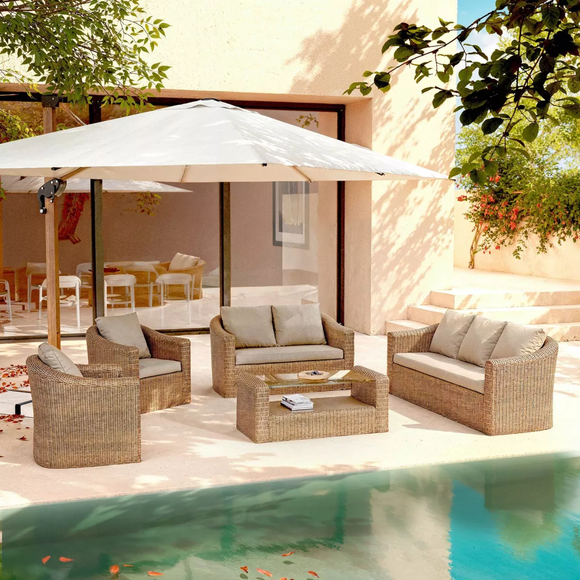 Salon de jardin en résine tressée 7 places 5 pcs Calvi Sepia et taupe